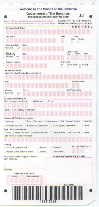 Bahamas Immigration Card